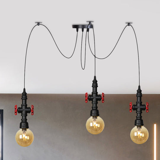 Industrial Globe Led Ceiling Light With Amber Glass And Multiple Heads 3 / Black