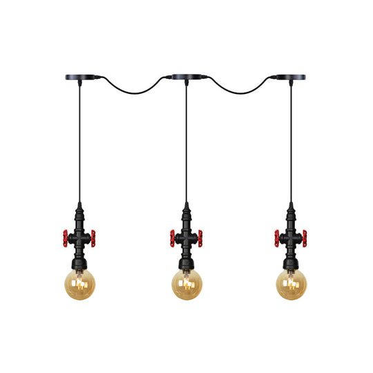 Antiqued Sphere Multi Light Chandelier With Amber Glass Pendant - Led Suspension In Black