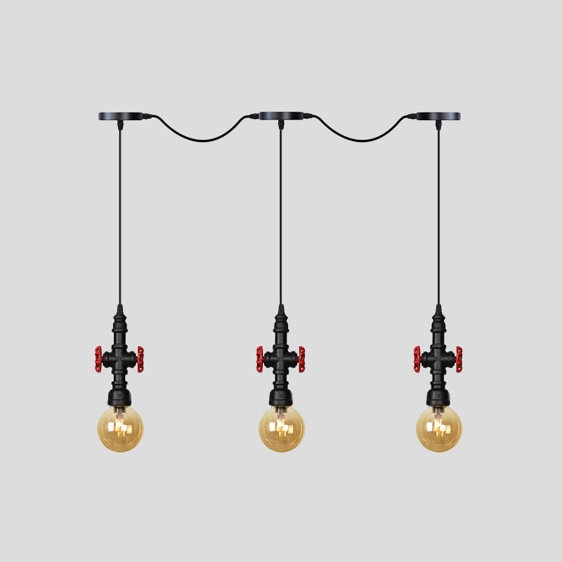 Antiqued Sphere Multi Light Chandelier With Amber Glass Pendant - Led Suspension In Black