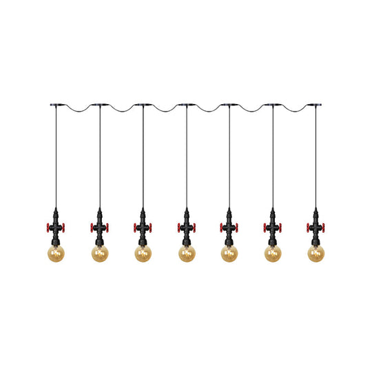 Antiqued Sphere Multi Light Chandelier With Amber Glass Pendant - Led Suspension In Black