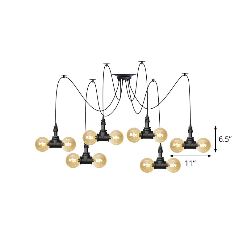 Industrial Orb Amber Glass Pendant Lamp - Multi Hanging Light Fixture (4/6/12 Bulbs) In Black