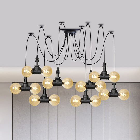 Industrial Orb Amber Glass Pendant Lamp - Multi Hanging Light Fixture (4/6/12 Bulbs) In Black