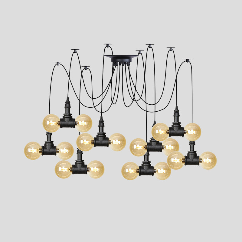 Industrial Orb Amber Glass Pendant Lamp - Multi Hanging Light Fixture (4/6/12 Bulbs) In Black