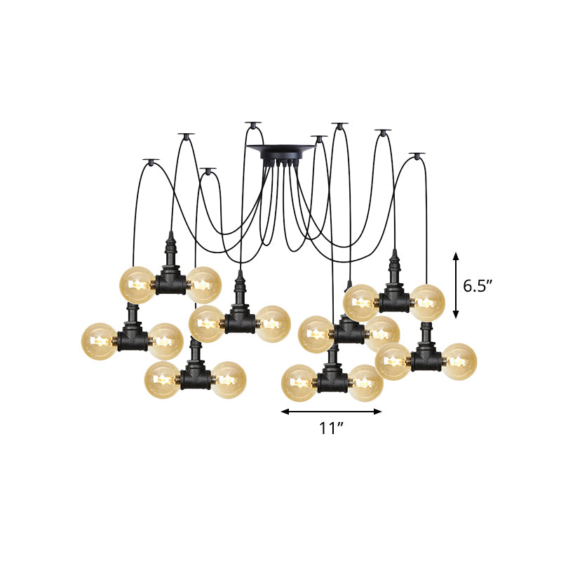 Industrial Orb Amber Glass Pendant Lamp - Multi Hanging Light Fixture (4/6/12 Bulbs) In Black