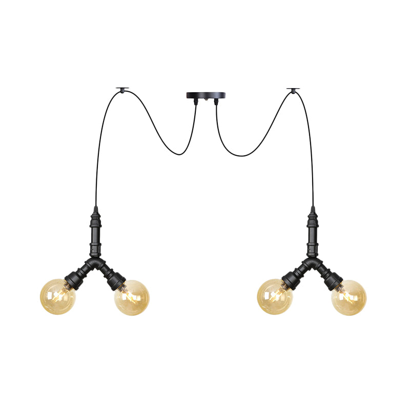 Industrial Swag Pendant Light - Amber Glass Globe Multiple Ceiling Lights Led Black Finish Perfect