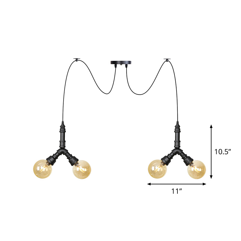 Industrial Swag Pendant Light - Amber Glass Globe Multiple Ceiling Lights Led Black Finish Perfect