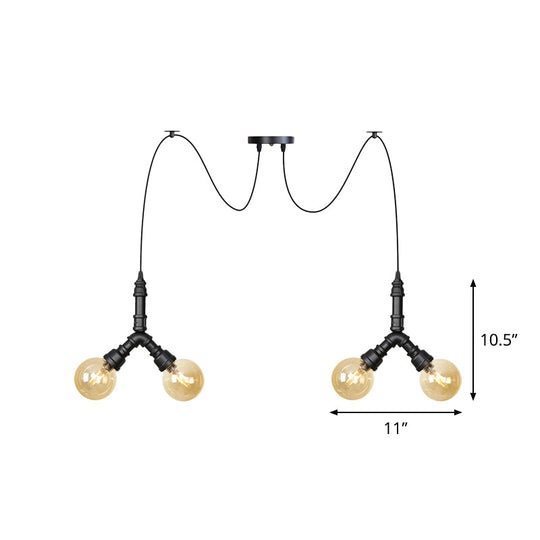 Industrial Swag Pendant Light - Amber Glass Globe Multiple Ceiling Lights Led Black Finish Perfect