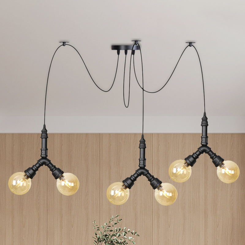 Industrial Swag Pendant Light - Amber Glass Globe Multiple Ceiling Lights Led Black Finish Perfect
