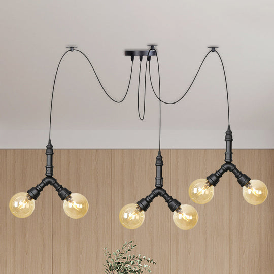 Industrial Swag Pendant Light - Amber Glass Globe Multiple Ceiling Lights Led Black Finish Perfect