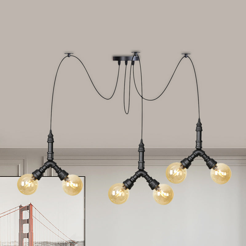 Industrial Swag Pendant Light - Amber Glass Globe Multiple Ceiling Lights Led Black Finish Perfect