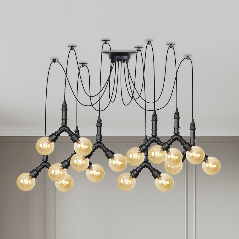 Industrial Swag Pendant Light - Amber Glass Globe Multiple Ceiling Lights Led Black Finish Perfect