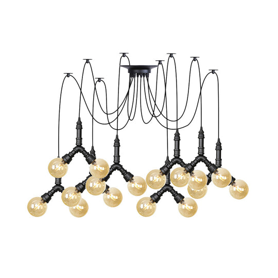 Industrial Swag Pendant Light - Amber Glass Globe Multiple Ceiling Lights Led Black Finish Perfect