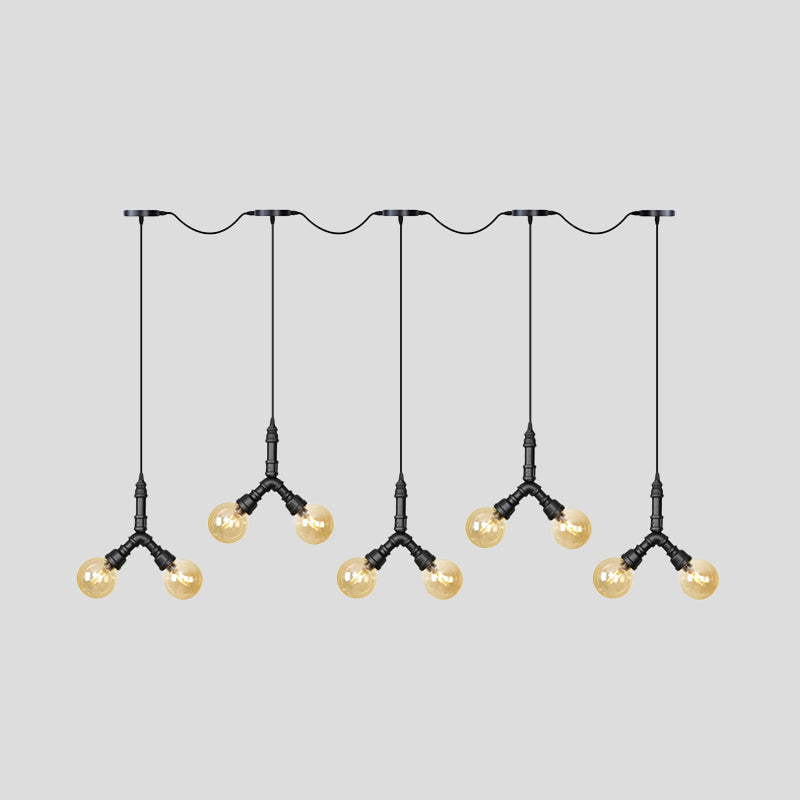 Vintage Sphere Led Pendant Light Fixture: 6/10/14-Bulb Amber Glass Swag Hanging In Black