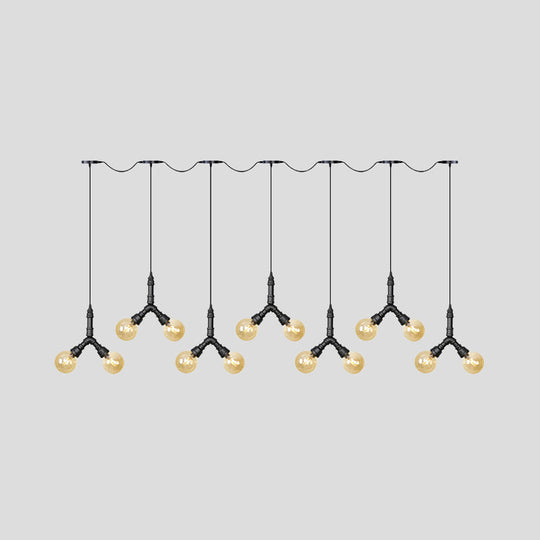 Vintage Amber Glass Swag Hanging Light Fixture - Led Multi Lamp Pendant With 6/10/14 Bulbs In Black