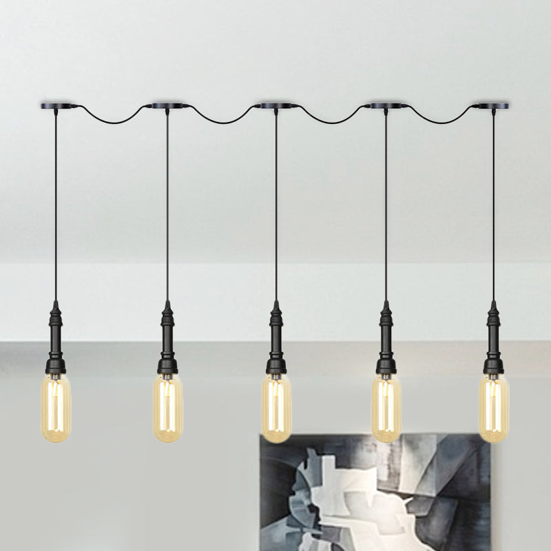 Modern Industrial Amber Glass Chandelier With Led Lights - Black Finish Tandem Hanging Ceiling Lamp