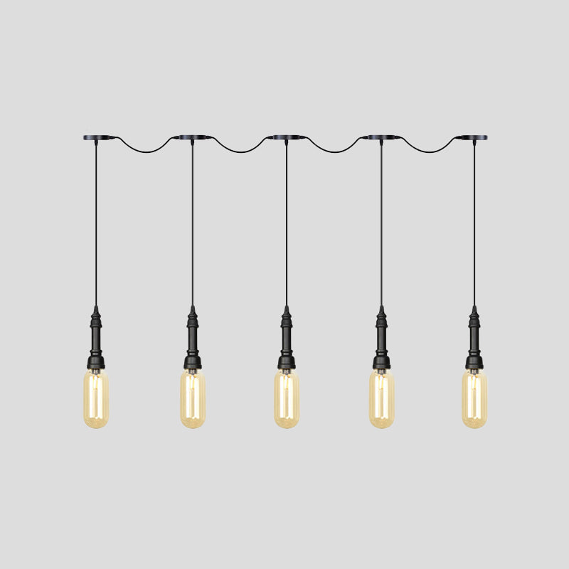 Modern Industrial Amber Glass Chandelier With Led Lights - Black Finish Tandem Hanging Ceiling Lamp
