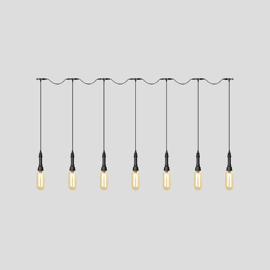 Industrial Black Finish Tandem Led Chandelier With 3/5/7 Lights And Amber Glass Capsules