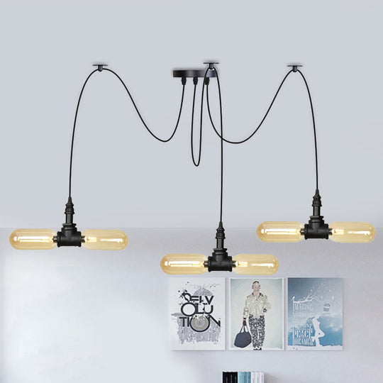 Vintage Black Capsule Led Pendant Lamp - Amber Glass 4/6/12-Bulb Restaurant Swag Multi Ceiling