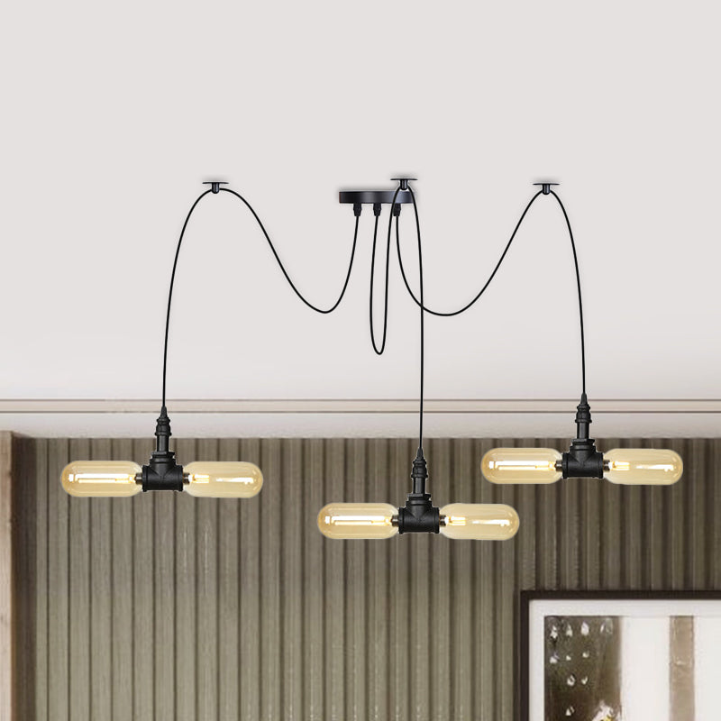 Vintage Black Capsule Led Pendant Lamp - Amber Glass 4/6/12-Bulb Restaurant Swag Multi Ceiling