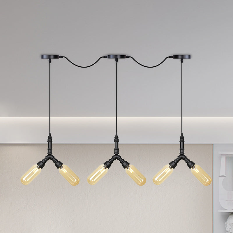 Industrial Restaurant Ceiling Light With Multi Bulbs: Tandem Pendant Lamp In Black Colored Glass