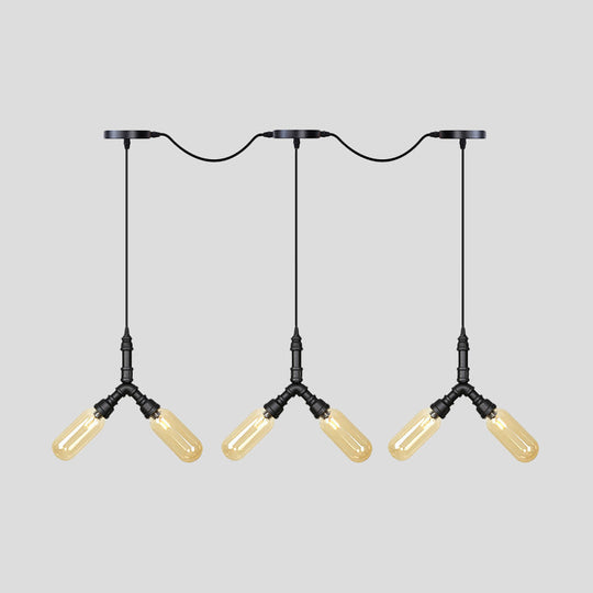 Industrial Restaurant Ceiling Light With Multi Bulbs: Tandem Pendant Lamp In Black Colored Glass