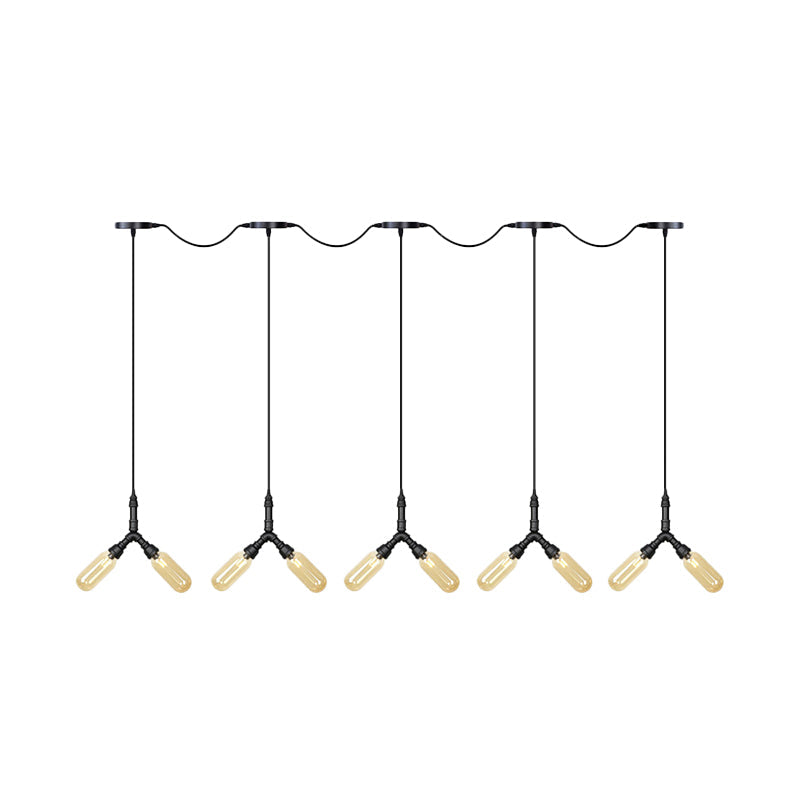 Industrial Restaurant Ceiling Light With Multi Bulbs: Tandem Pendant Lamp In Black Colored Glass