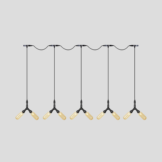 Industrial Restaurant Ceiling Light With Multi Bulbs: Tandem Pendant Lamp In Black Colored Glass