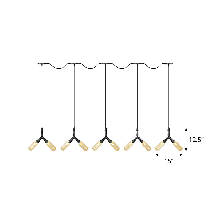 Industrial Restaurant Ceiling Light With Multi Bulbs: Tandem Pendant Lamp In Black Colored Glass