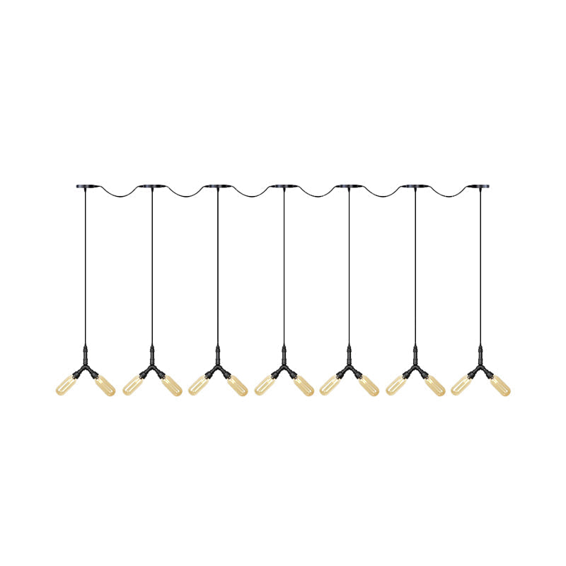 Industrial Restaurant Ceiling Light With Multi Bulbs: Tandem Pendant Lamp In Black Colored Glass