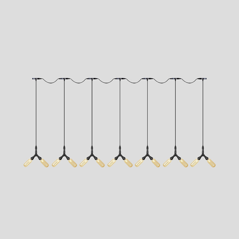 Industrial Restaurant Ceiling Light With Multi Bulbs: Tandem Pendant Lamp In Black Colored Glass