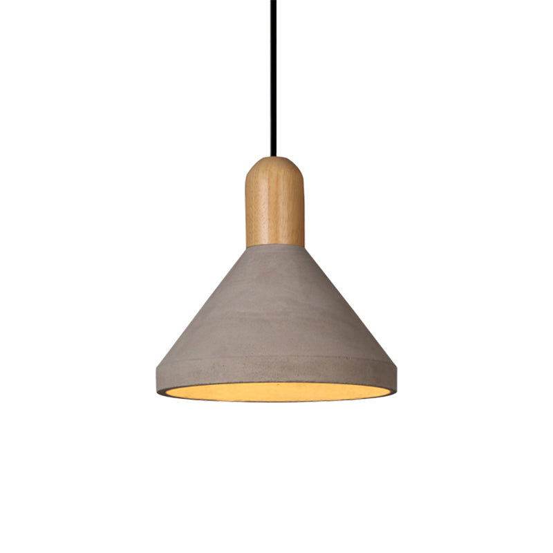 Antiqued Conical Cement Ceiling Light Restaurant Pendant Lamp In Grey With Wood Accents