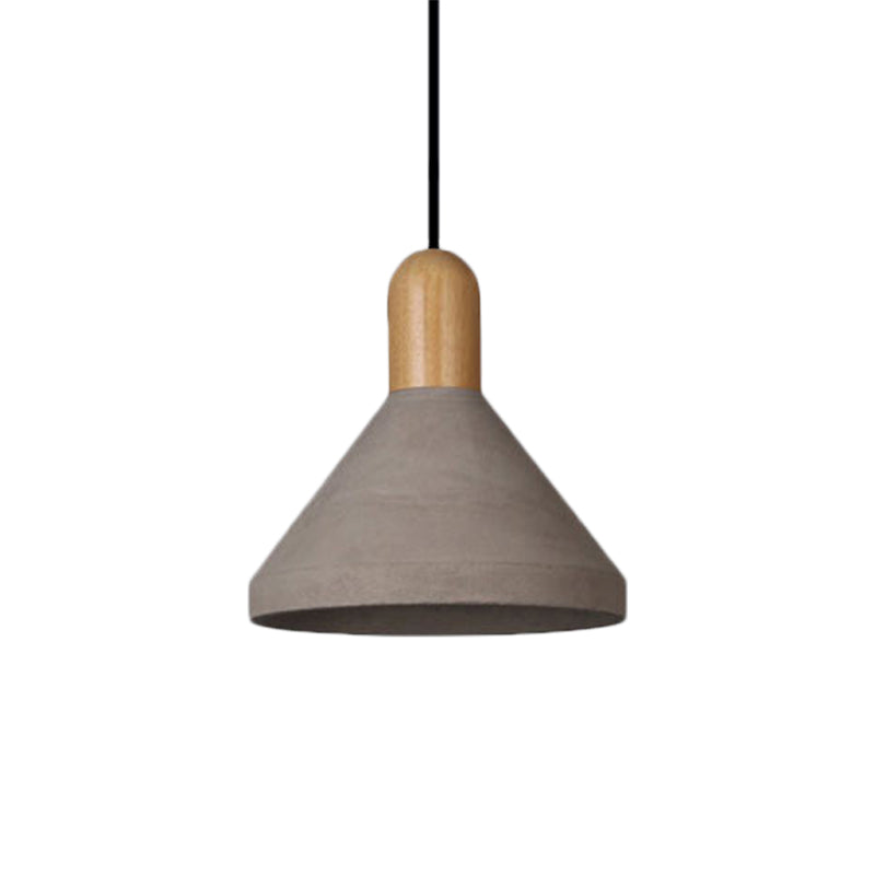 Antiqued Conical Cement Ceiling Light Restaurant Pendant Lamp In Grey With Wood Accents