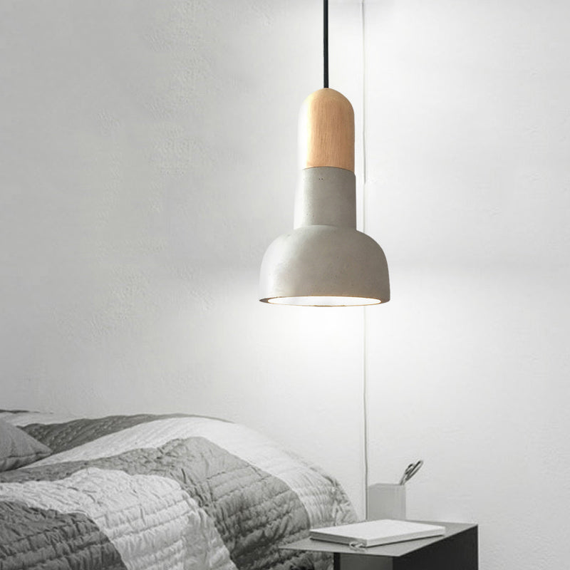 Dome Industrial Cement Pendant Light Fixture - Grey With Red/Black/Wood Accents