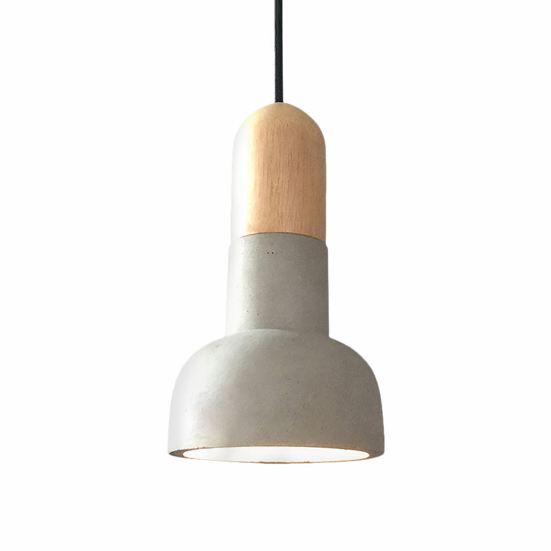 Dome Industrial Cement Pendant Light Fixture - Grey With Red/Black/Wood Accents
