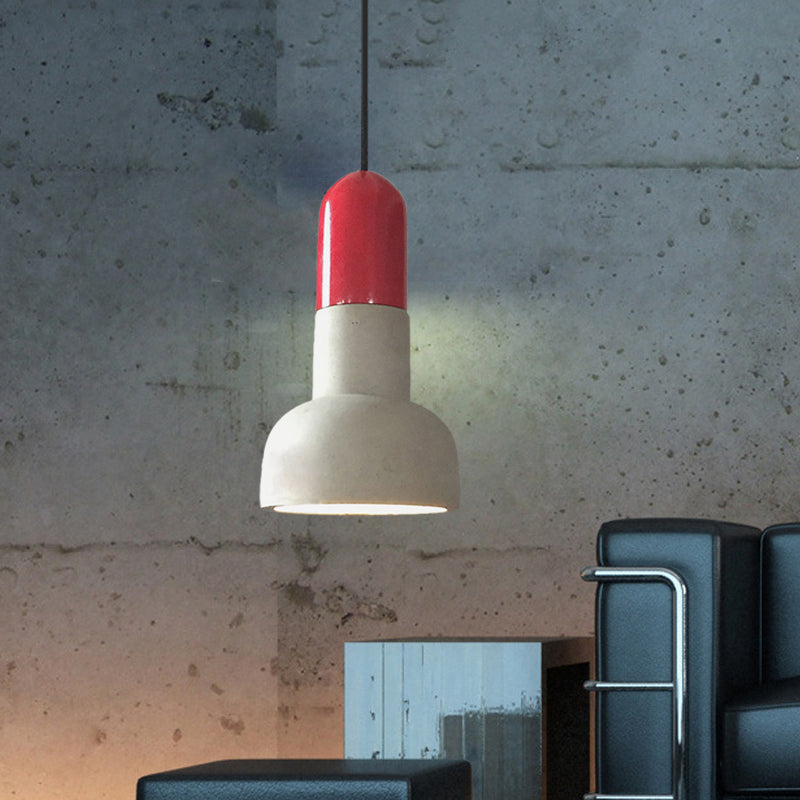 Dome Industrial Cement Pendant Light Fixture - Grey With Red/Black/Wood Accents