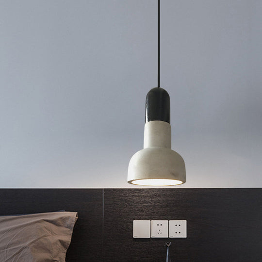 Dome Industrial Cement Pendant Light Fixture - Grey With Red/Black/Wood Accents