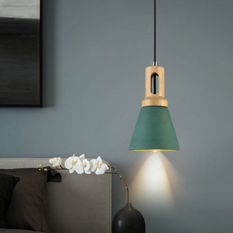 Vintage 1-Light Cement Hanging Pendant Lamp With Wood Bell Bar - Black/Grey/Red