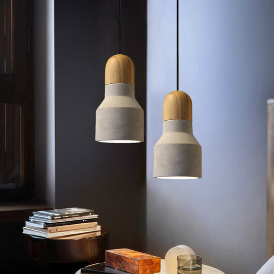 Industrial Pendant Lamp With Wood Top - Cement Grey Cone/Trapezoid/Can Shape 1-Head
