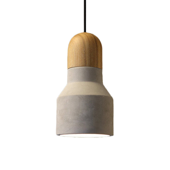 Industrial Pendant Lamp With Wood Top - Cement Grey Cone/Trapezoid/Can Shape 1-Head