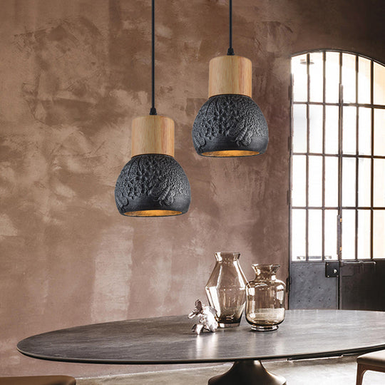 Industrial Black/Grey/Brown Head Cement Ceiling Light With Wood Dome And Butterfly Pattern- Bedroom