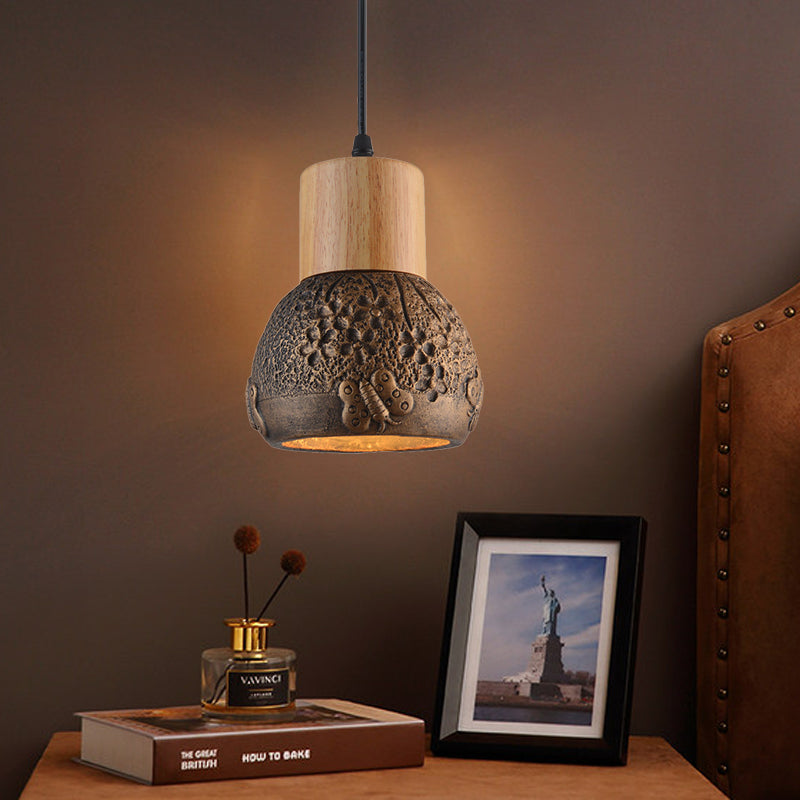 Industrial Black/Grey/Brown Head Cement Ceiling Light With Wood Dome And Butterfly Pattern- Bedroom