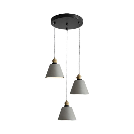 Industrial Cement Cone/Bell/Drum Pendant Lamp - 3 Heads Multi Ceiling Light Grey Various Height