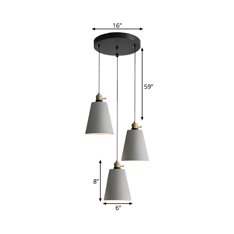 Industrial Cement Cone/Bell/Drum Pendant Lamp - 3 Heads Multi Ceiling Light Grey Various Height