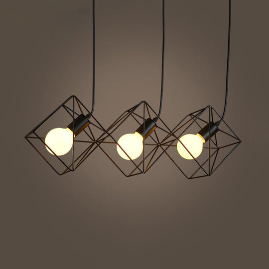 Iron Black Cube Cage Pendant Lamp - Industrial Style With 3 Bulbs Multiple Hanging Lights