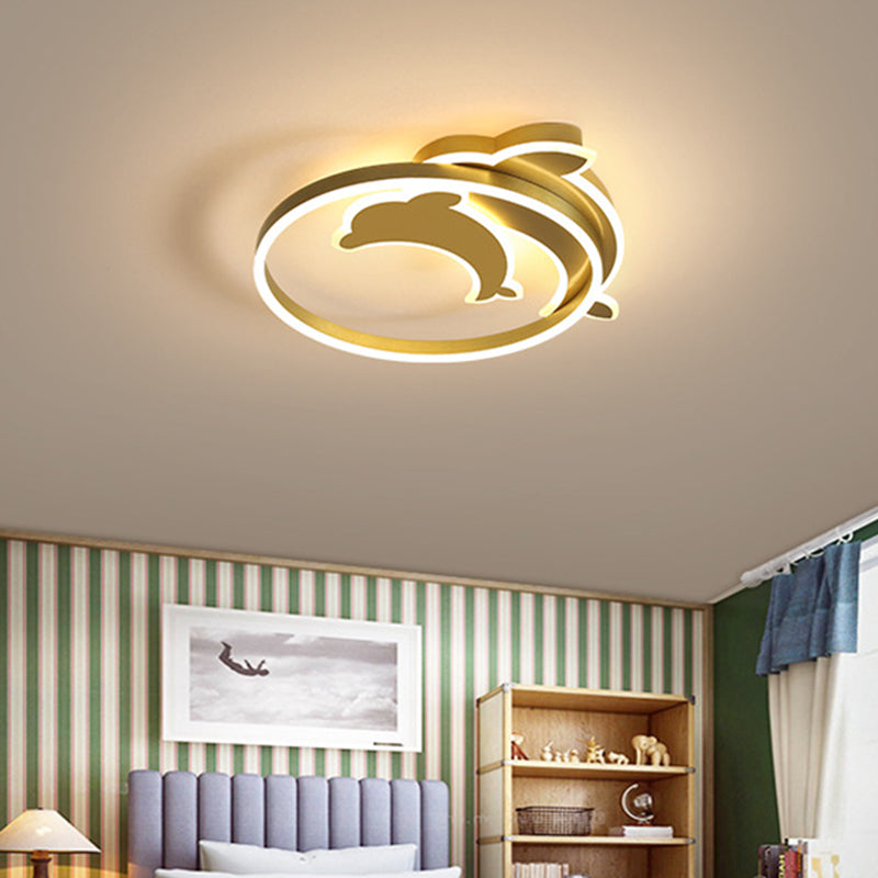 Contemporary Gold/Coffee Dolphin Flush Ceiling Light - Led Acrylic Mount Fixture For Bedroom