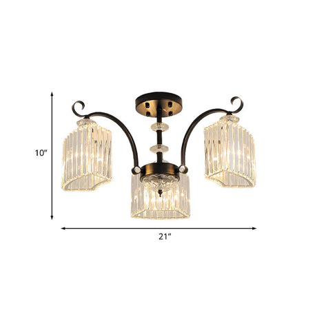 Modern Crystal Block Semi Flush Mount Ceiling Light With Black Arc Frame - 3/9 Bulbs
