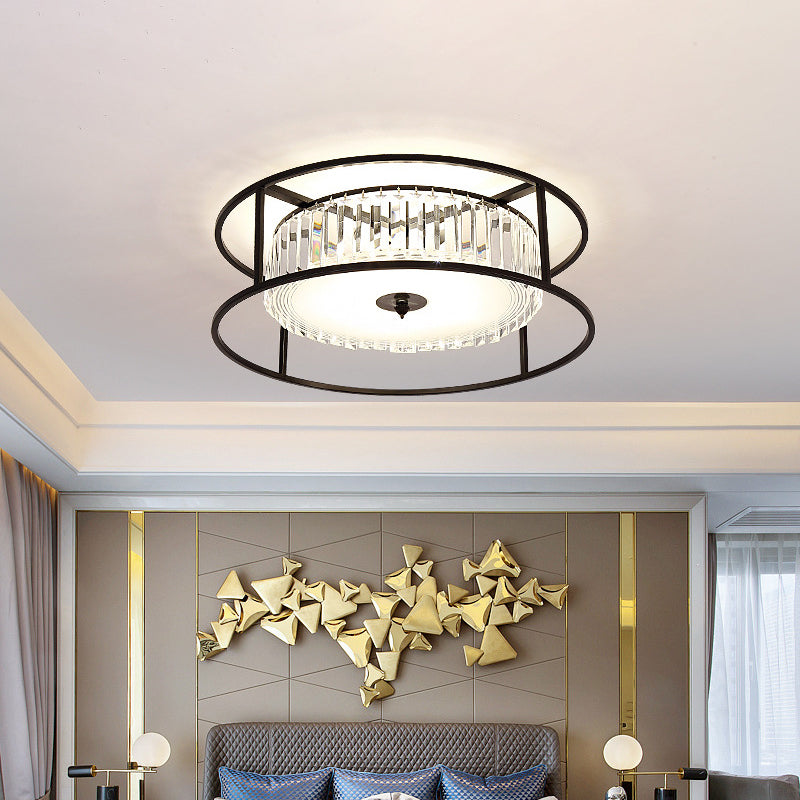 Modern Crystal Flush Light Fixture With Black Metal Frame - 5-Head Living Room Mount Lamp