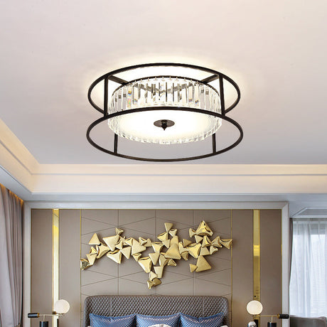 Modern Crystal Flush Light Fixture With Black Metal Frame - 5-Head Living Room Mount Lamp