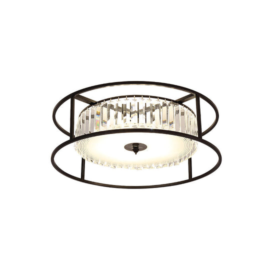 Modern Crystal Flush Light Fixture With Black Metal Frame - 5-Head Living Room Mount Lamp