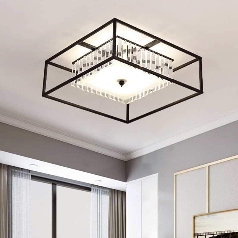 Modern Crystal Flush Light Fixture With Black Metal Frame - 5 - Head Living Room Mount Lamp / Square
